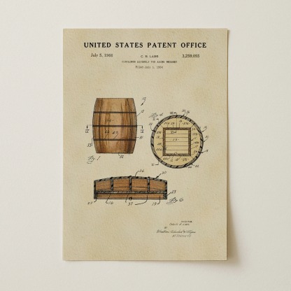 Whiskey Barrel (1966) Iconic Invention Watercolor Art Print - Art Home Decor