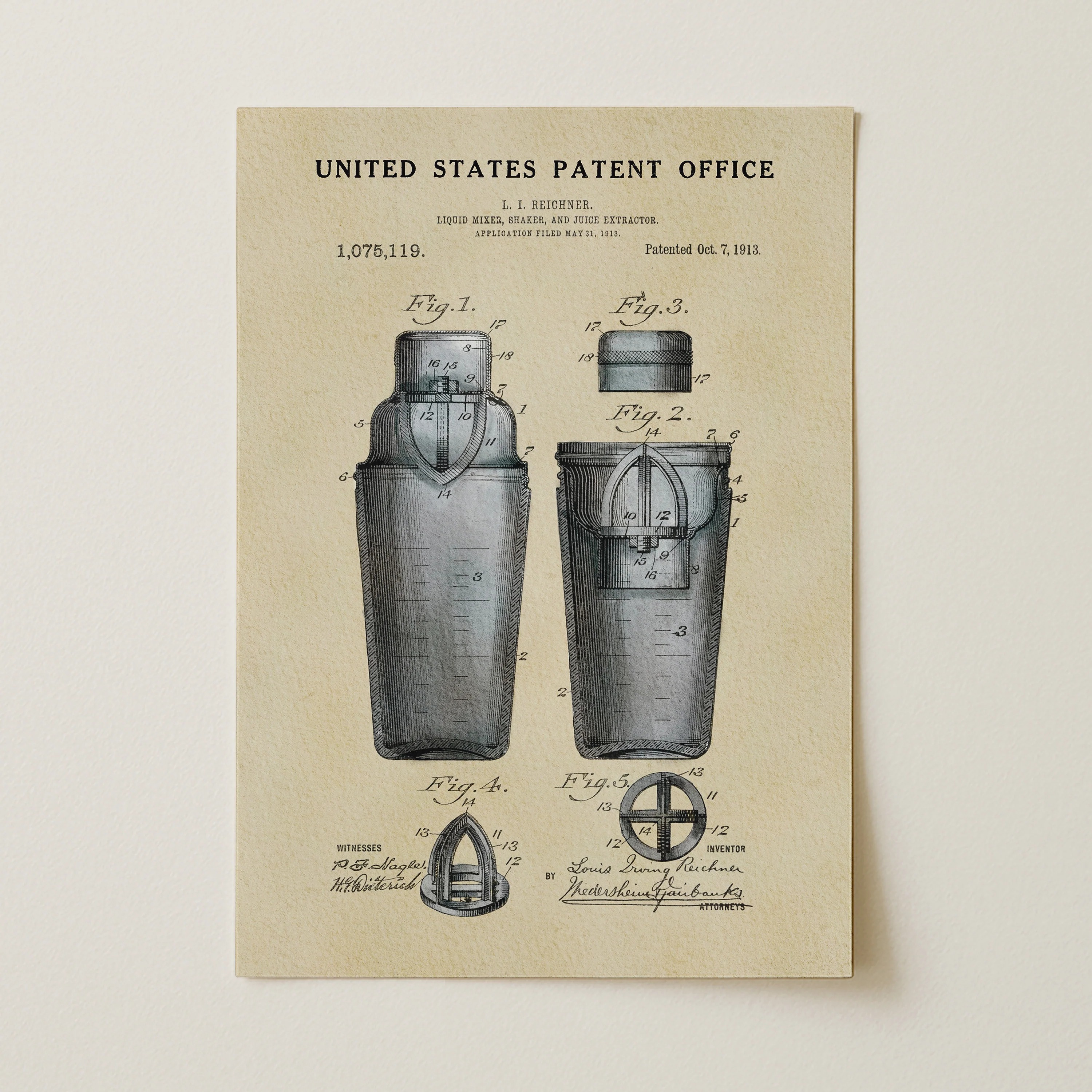 Cocktail Shaker (1913) Iconic Invention Watercolor Art Print - Art Home Decor