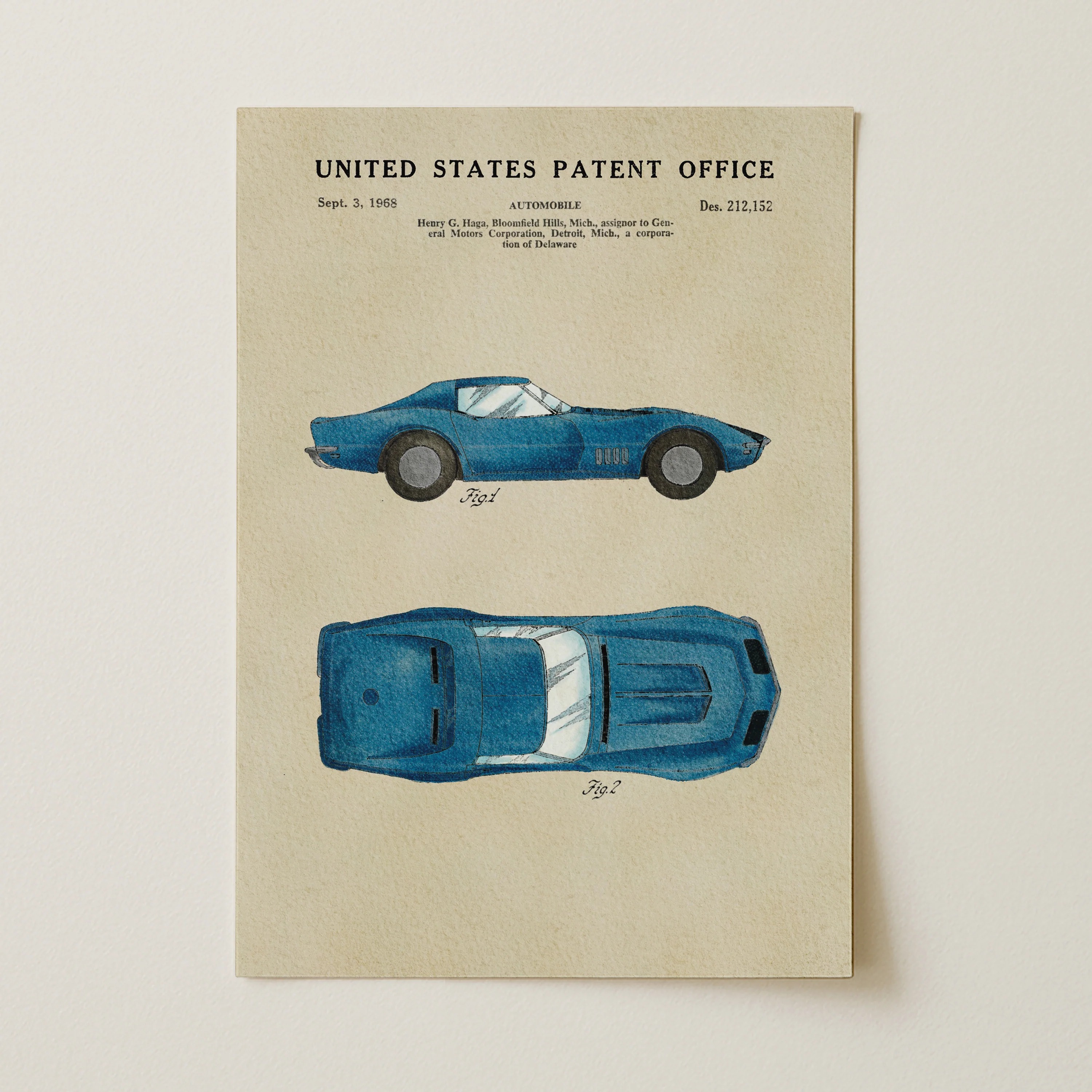 Blue Muscle Car (1968) Iconic Invention Watercolor Art Print - Art Home Decor