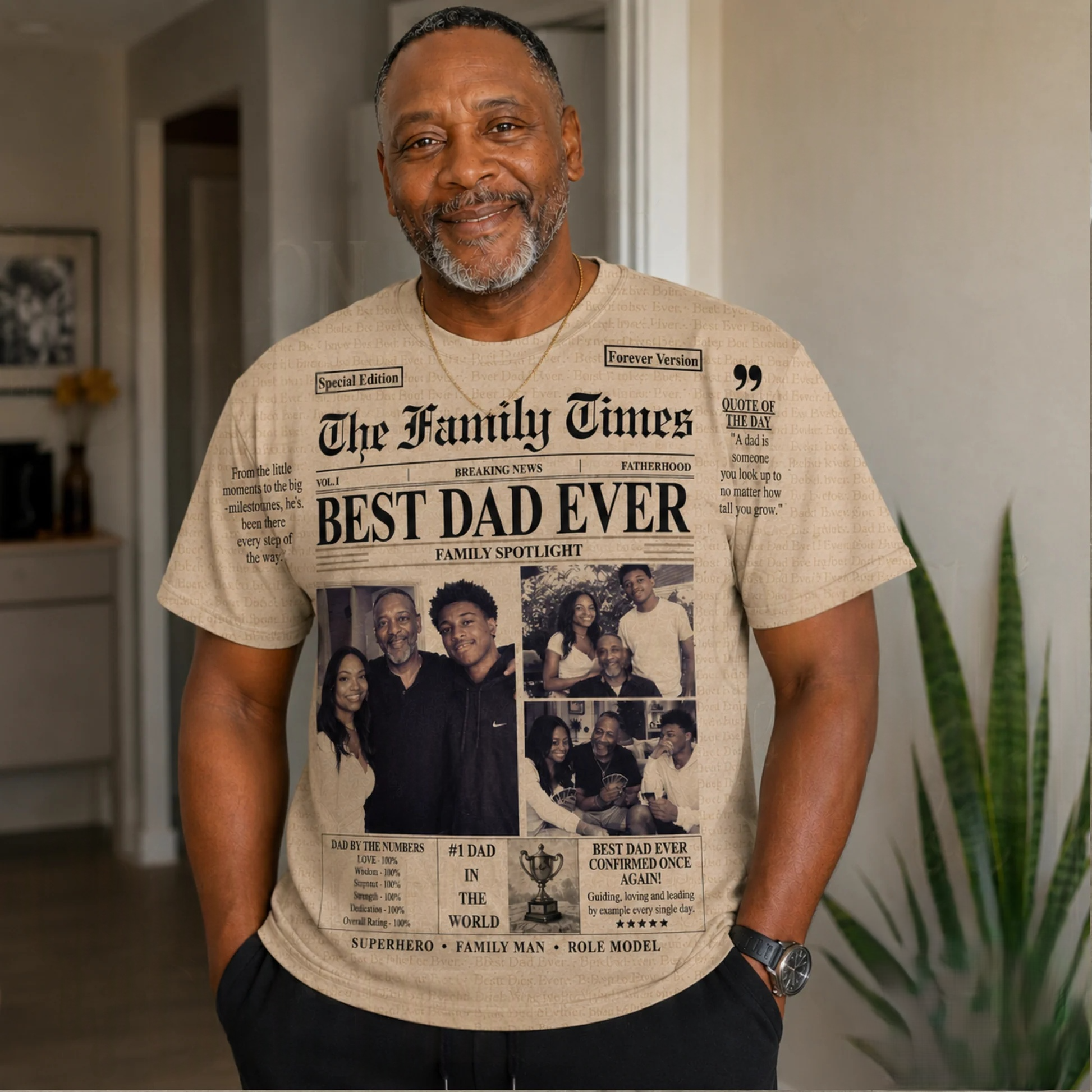 THE FAMILY TIMES Personalized Newspaper T-Shirt - Custom Photo Collage Tee for Dad-Father's Day Gift