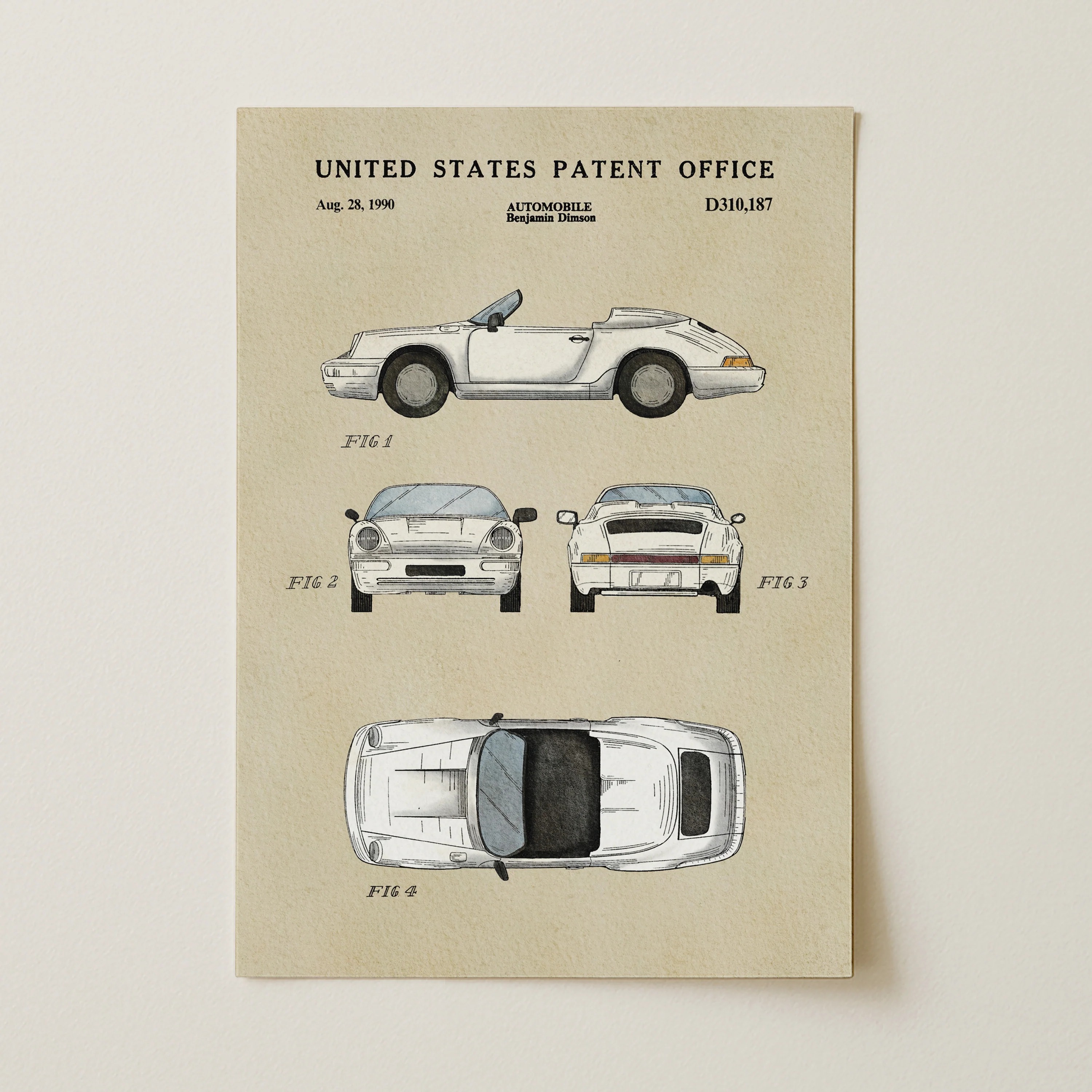 White Vintage Convertible (1990) Iconic Invention Watercolor Art Print - Art Home Decor