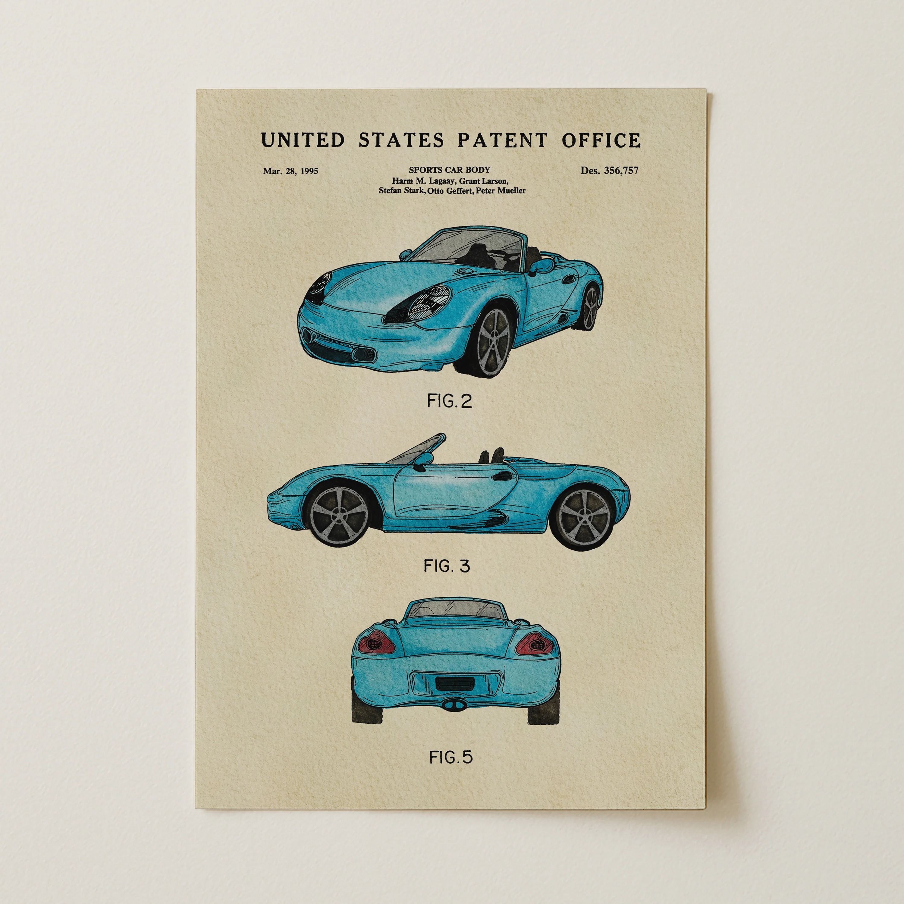 Blue Sports Car (1995) Iconic Invention Watercolor Art Print - Art Home Decor