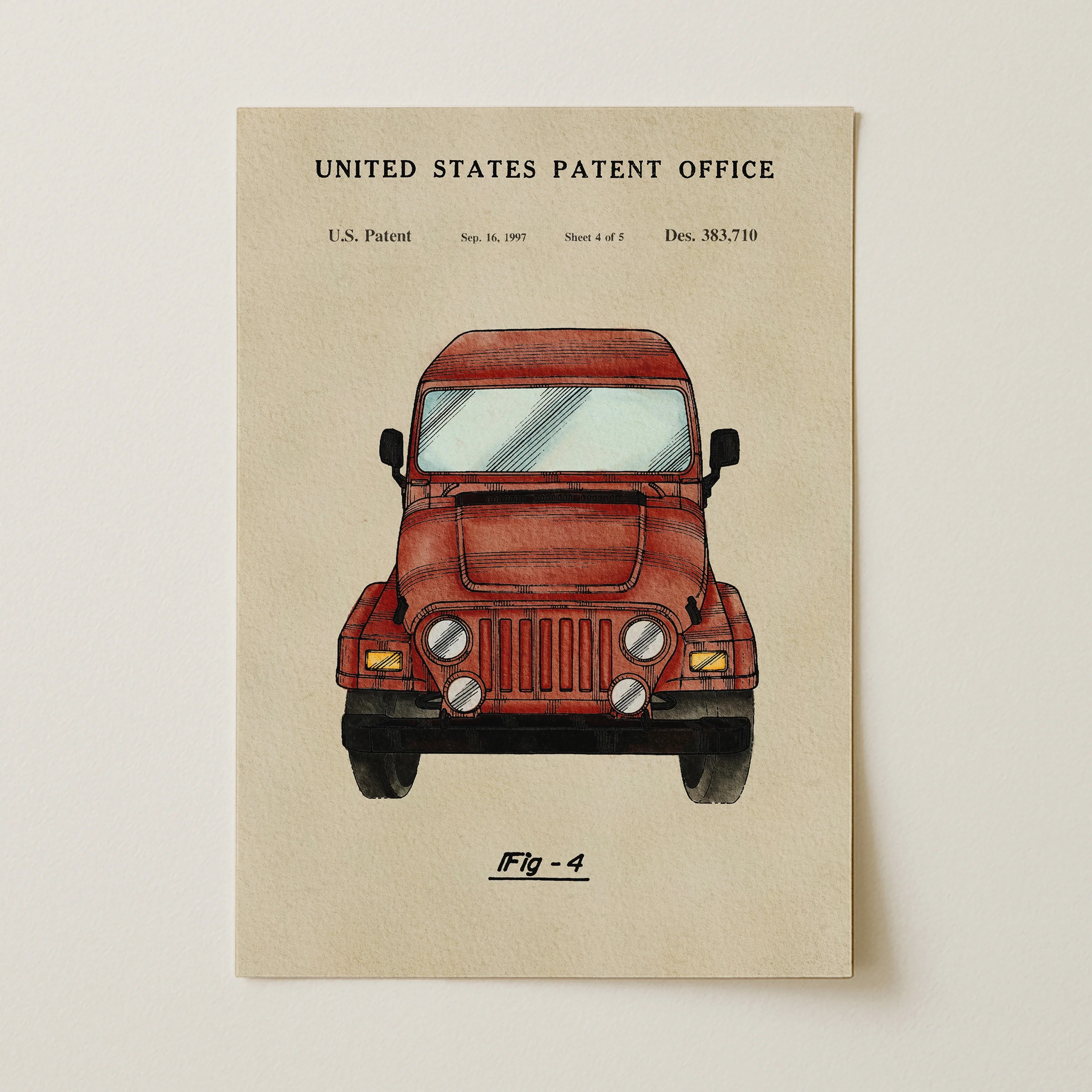 Red Offroad Car (1997) Iconic Invention Watercolor Art Print - Art Home Decor