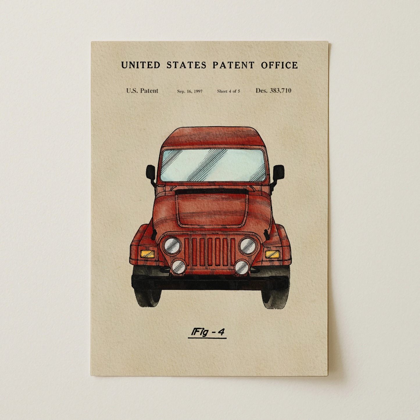 Red Offroad Car (1997) Iconic Invention Watercolor Art Print - Art Home Decor