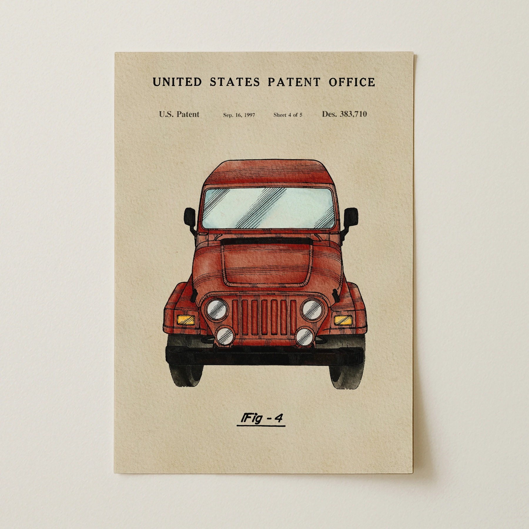 Red Offroad Car (1997) Iconic Invention Watercolor Art Print - Art Home Decor