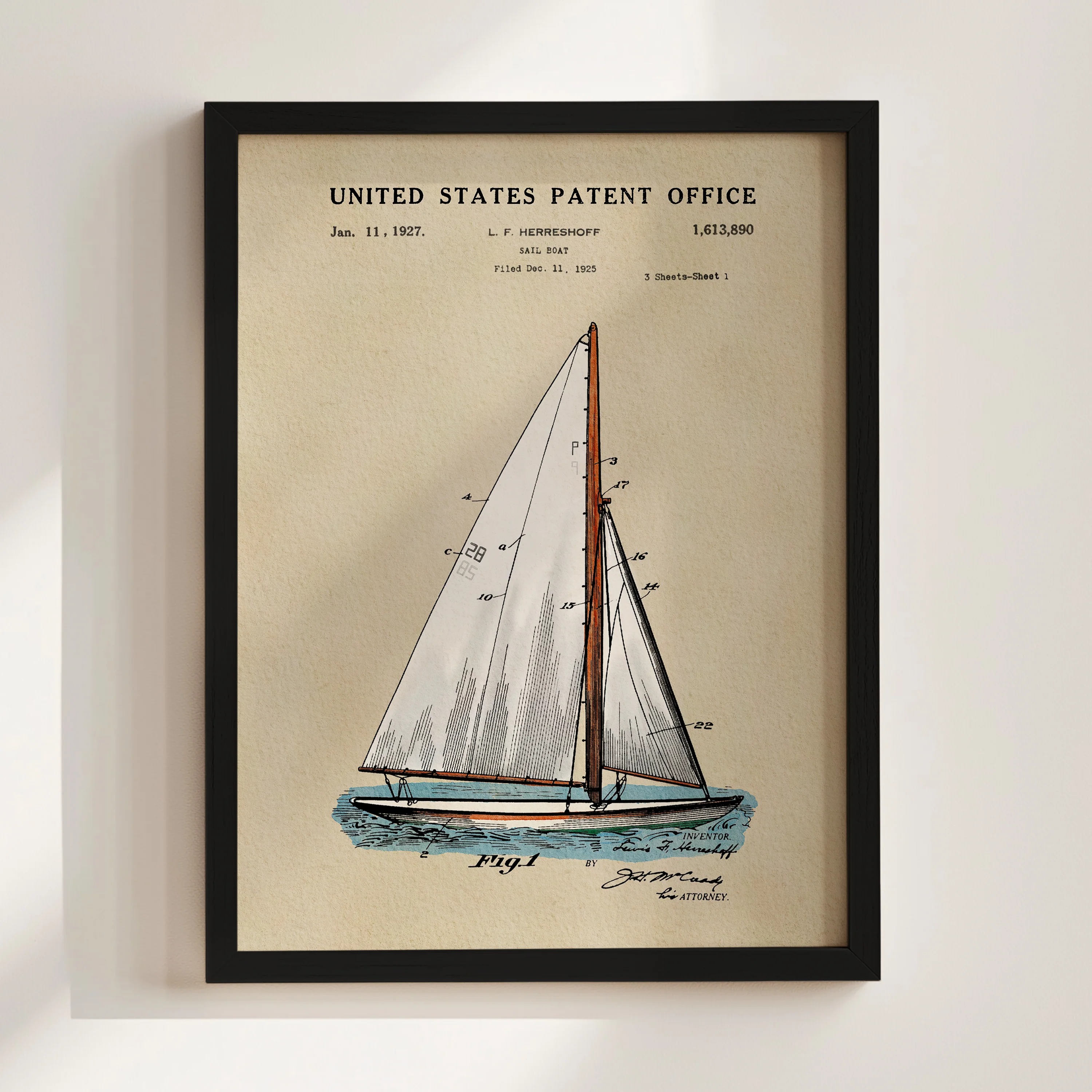 Sailboat (1927) Iconic Invention Watercolor Art Print - Art Home Decor