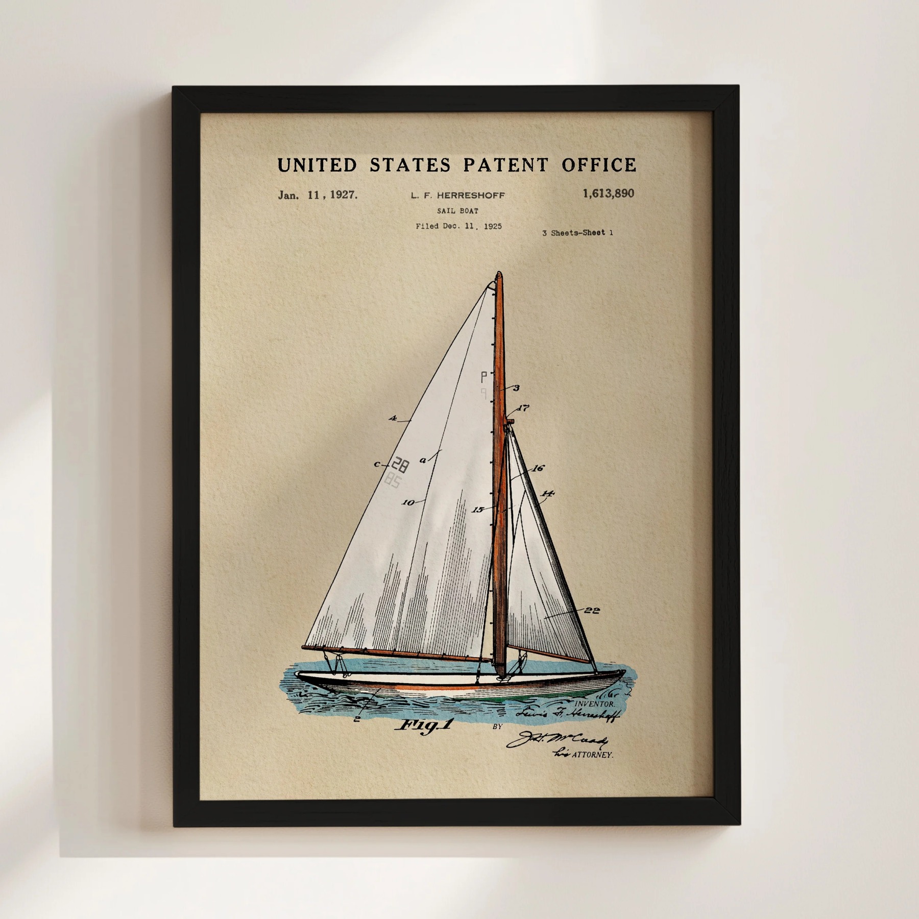 Sailboat (1927) Iconic Invention Watercolor Art Print - Art Home Decor