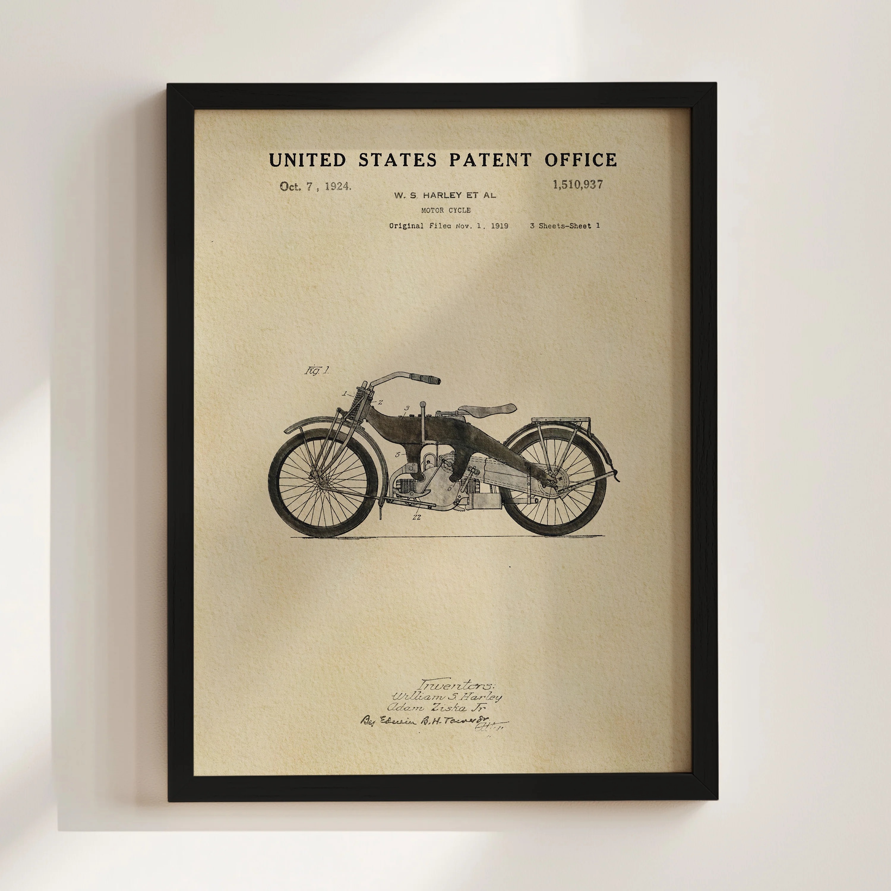 Black Motorcycle (1924) Iconic Invention Watercolor Art Print - Art Home Decor