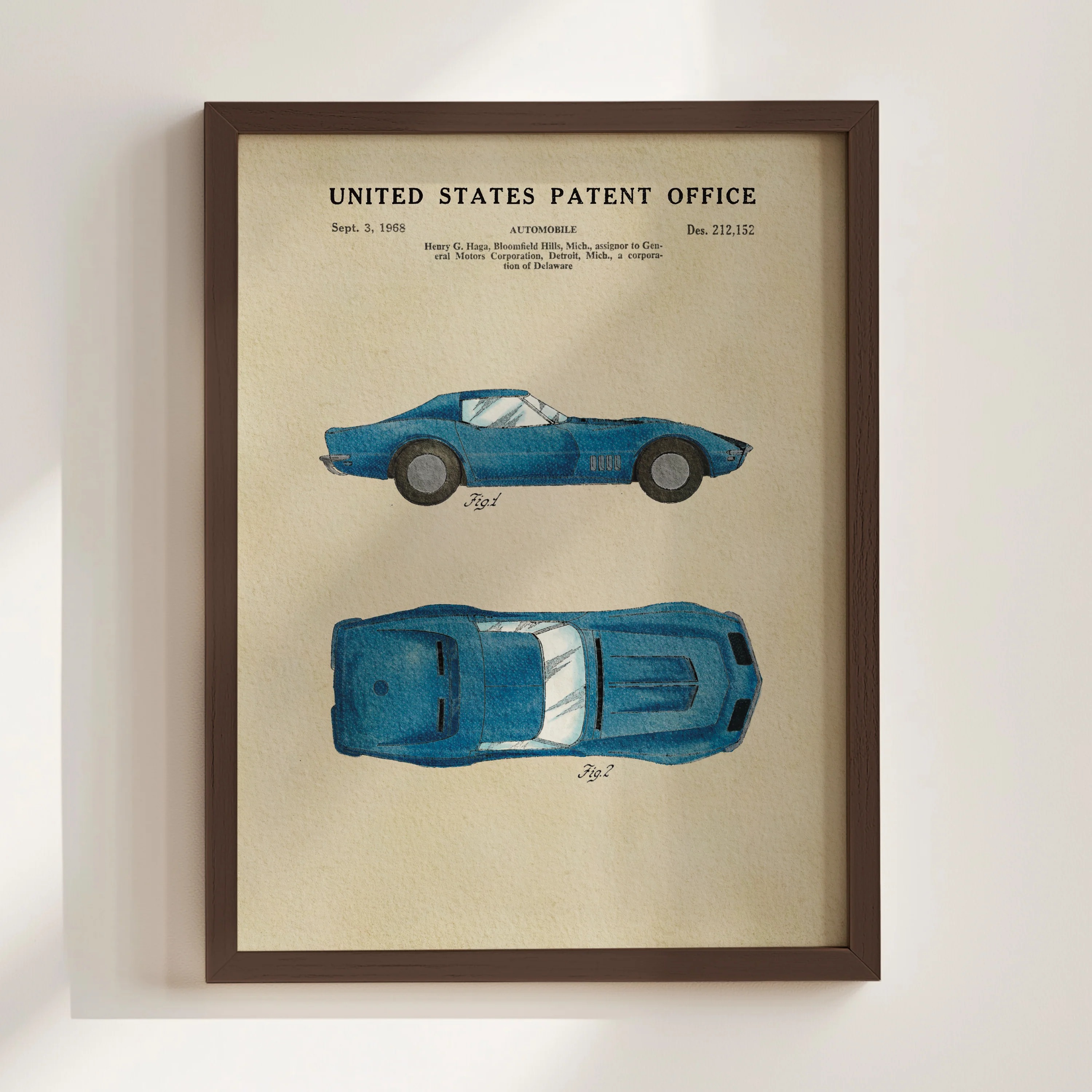 Blue Muscle Car (1968) Iconic Invention Watercolor Art Print - Art Home Decor