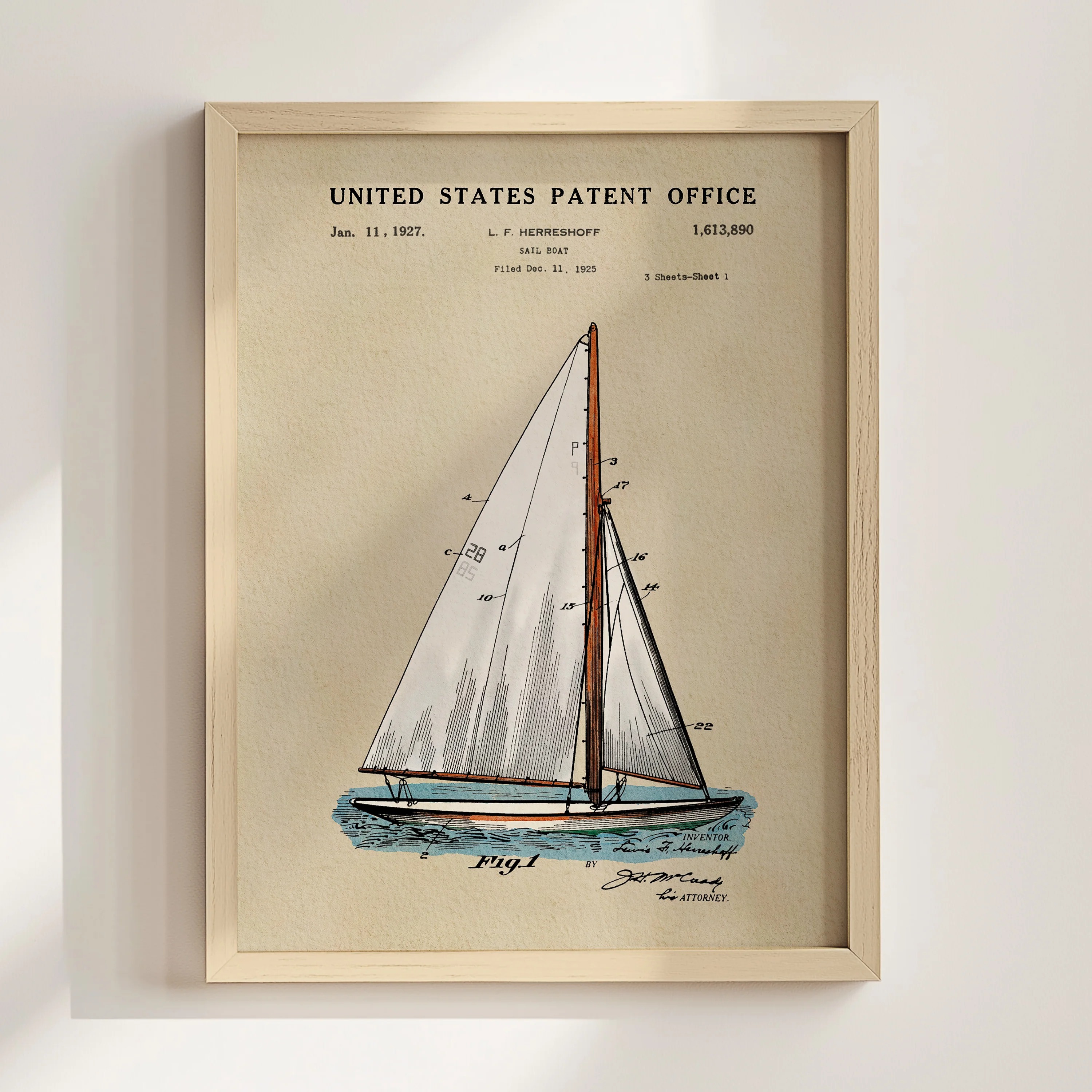 Sailboat (1927) Iconic Invention Watercolor Art Print - Art Home Decor