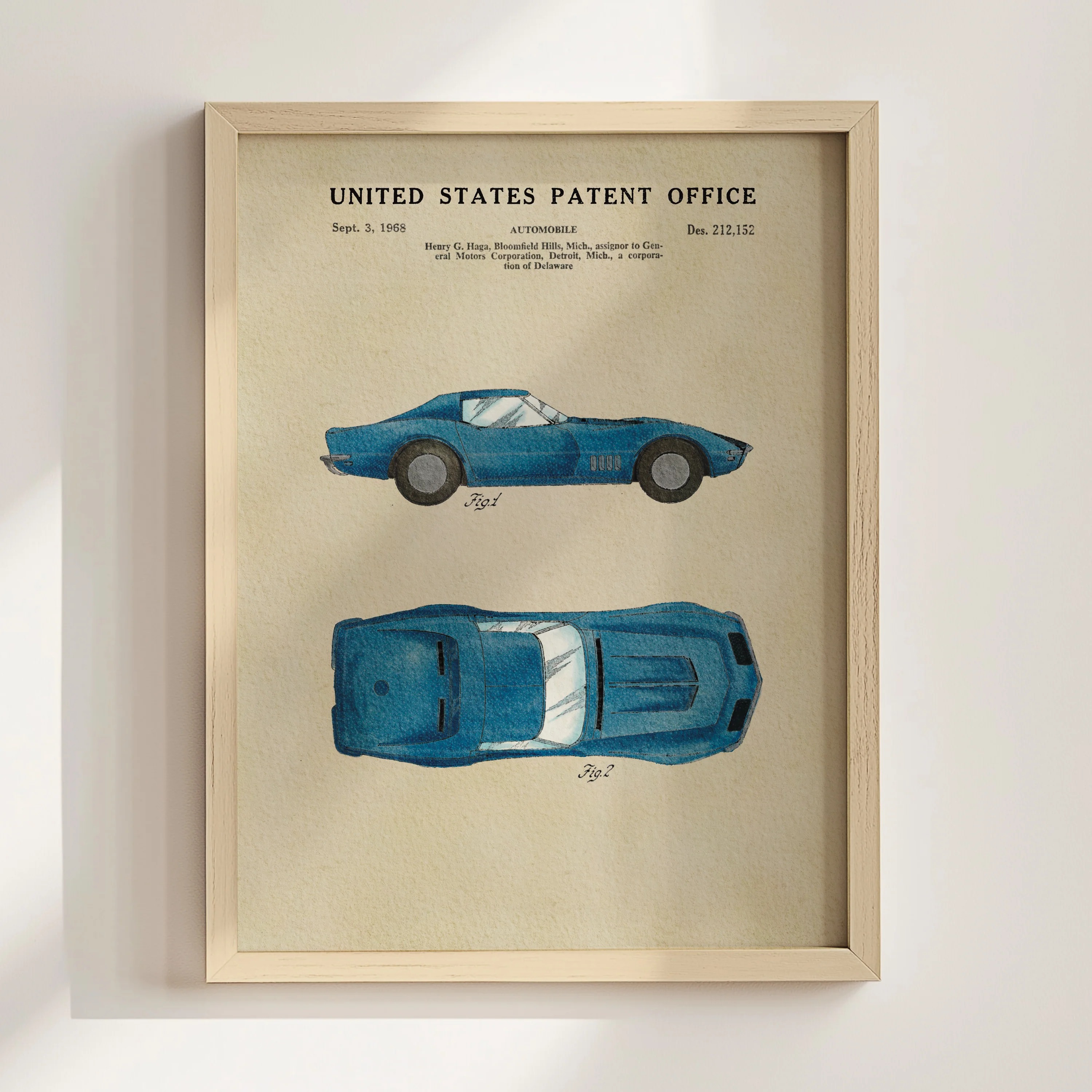 Blue Muscle Car (1968) Iconic Invention Watercolor Art Print - Art Home Decor