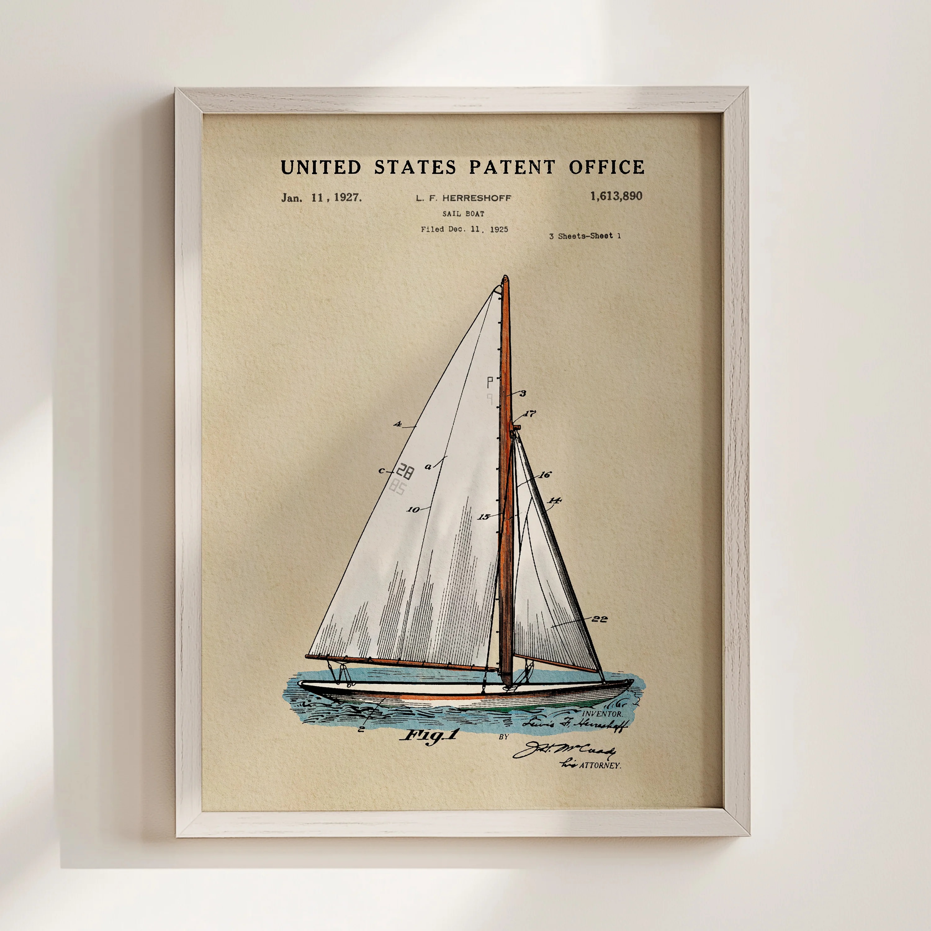 Sailboat (1927) Iconic Invention Watercolor Art Print - Art Home Decor