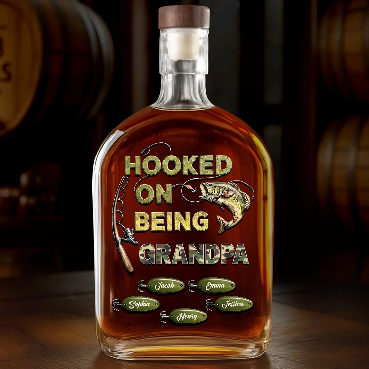 Hooked On Being Grandpa - Personalized Whiskey Bottle