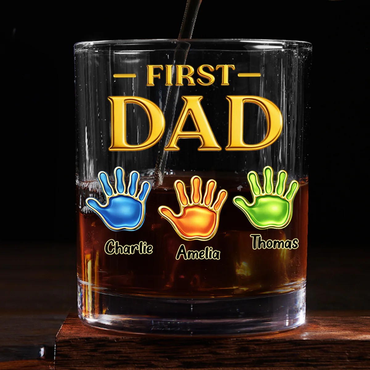 Custom Round Whiskey Glass "First Dad Now Papa" Father's Day Gift