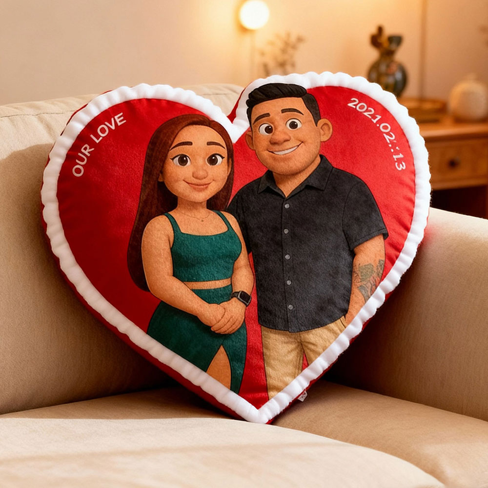 Customized Couple Photo Pillow – Red Heart-Shaped Personalized Portrait Pillow, The Perfect Valentine's Day Gift.