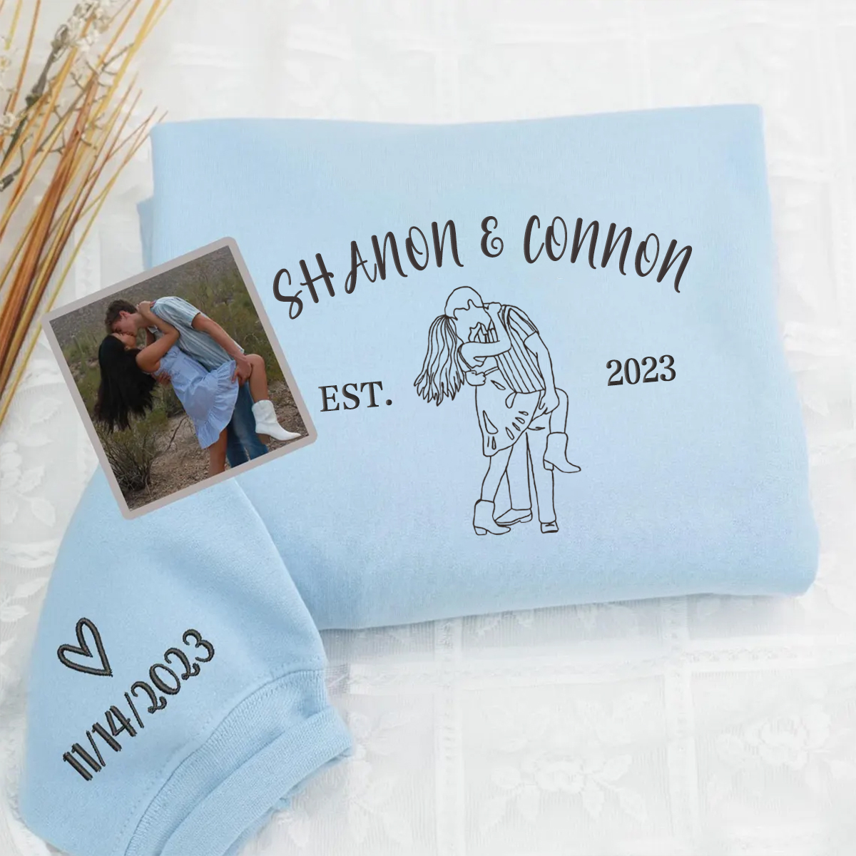 Custom Couple Outline Photo And Name Embroidered Sweatshirts