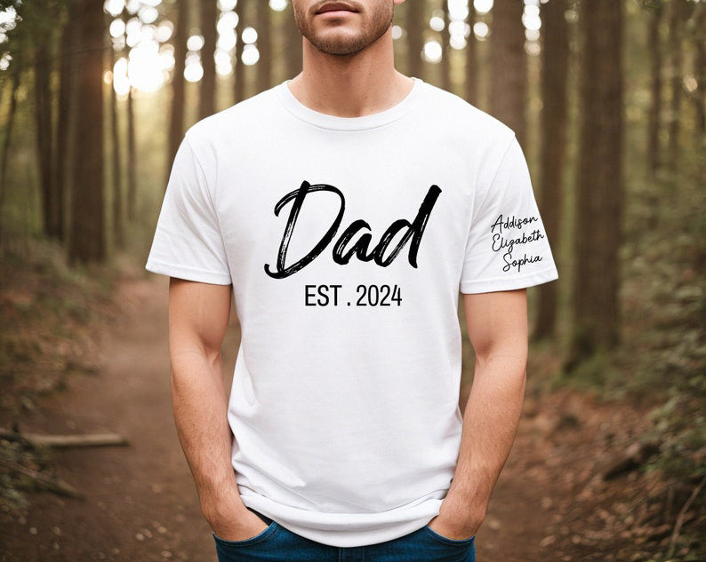 Custom Dad Est Year Children Names On Sleeve Shirt