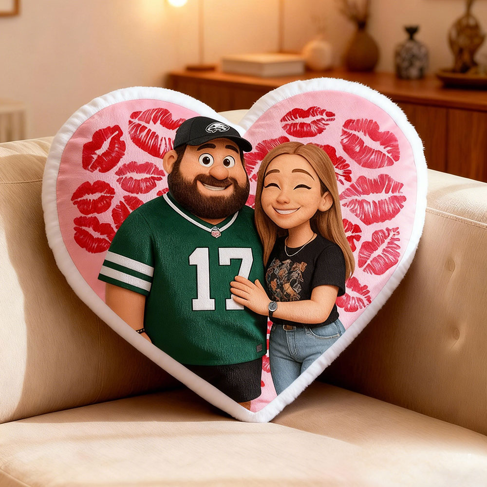 Customized Couple Photo Pillow – Red Heart-Shaped Personalized Lip Print Pillow, The Perfect Valentine's Day Gift.