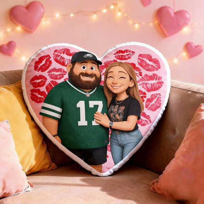 Customized Couple Photo Pillow – Red Heart-Shaped Personalized Lip Print Pillow, The Perfect Valentine's Day Gift.