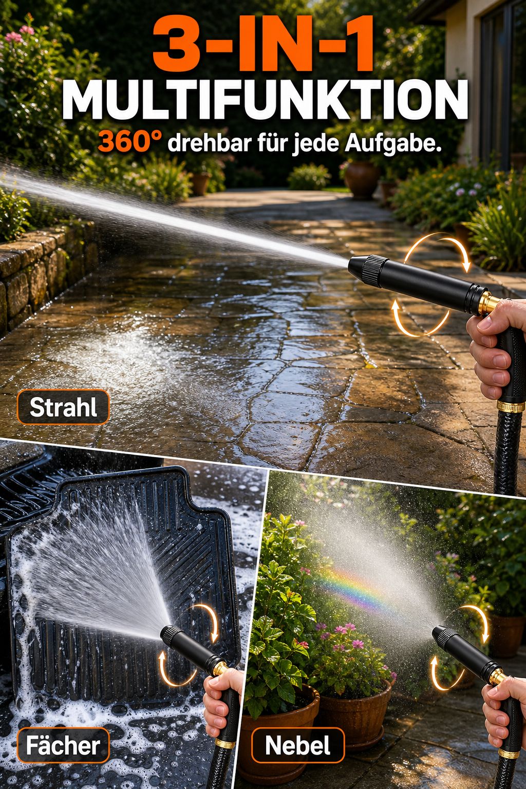 20 facher Wasserdruck ohne Strom. Macht jeden Schlauch zum Hochdruckreiniger.