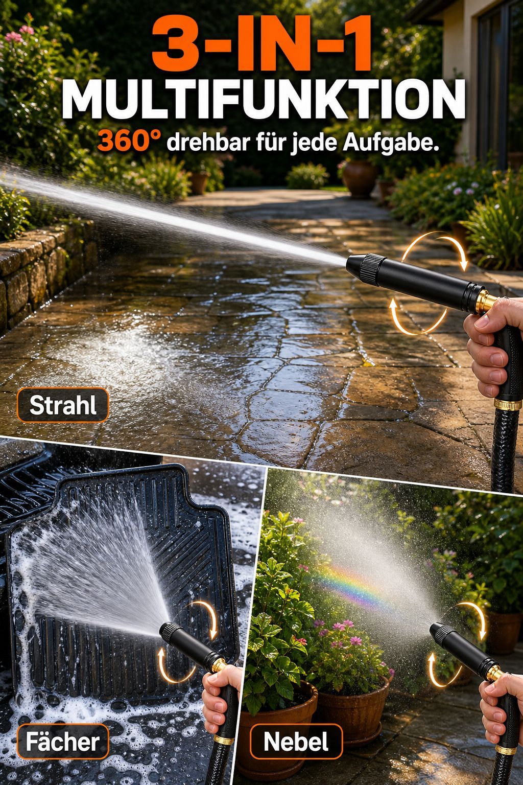 20 facher Wasserdruck ohne Strom. Macht jeden Schlauch zum Hochdruckreiniger.