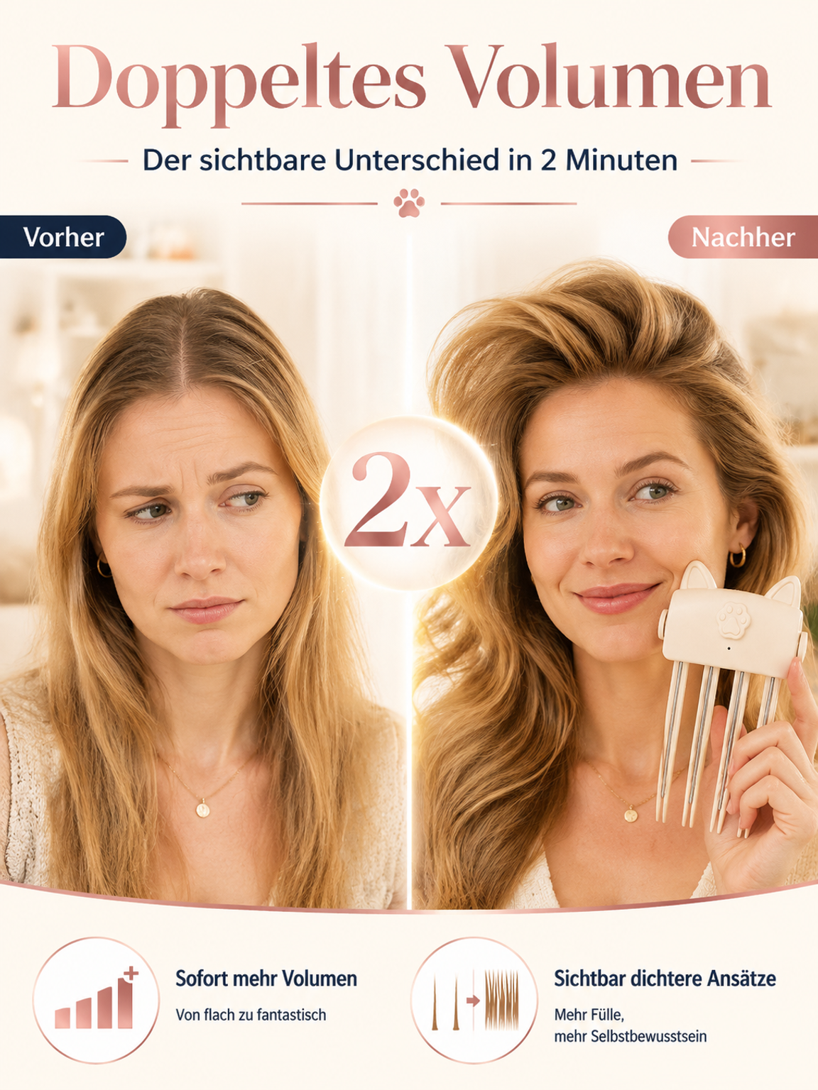 Schluss mit plattem Haar! Kabelloser Ansatz-Booster mit Rotlicht für XXL-Volumen.