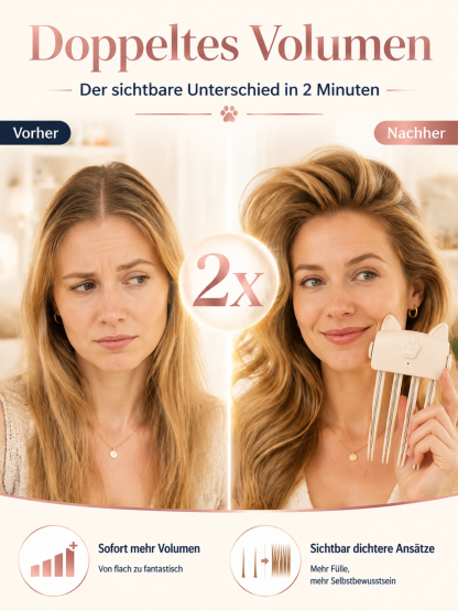Schluss mit plattem Haar! Kabelloser Ansatz-Booster mit Rotlicht für XXL-Volumen.