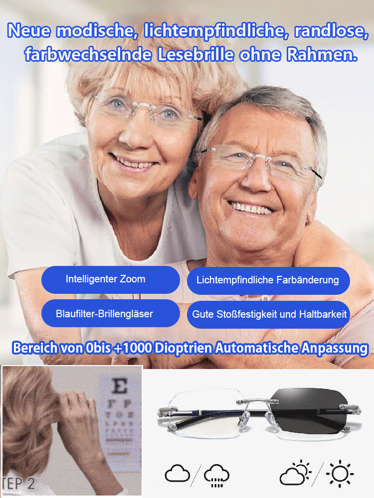 Neue modische, lichtempfindliche, randlose, farbwechselnde Lesebrille ohne Rahmen.