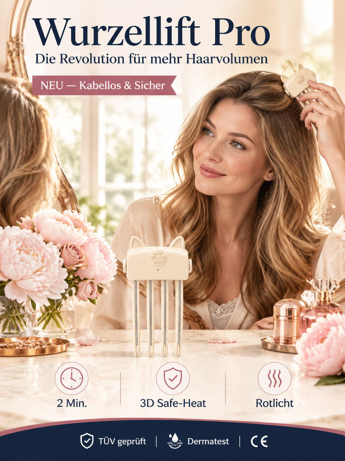 Schluss mit plattem Haar! Kabelloser Ansatz-Booster mit Rotlicht für XXL-Volumen.