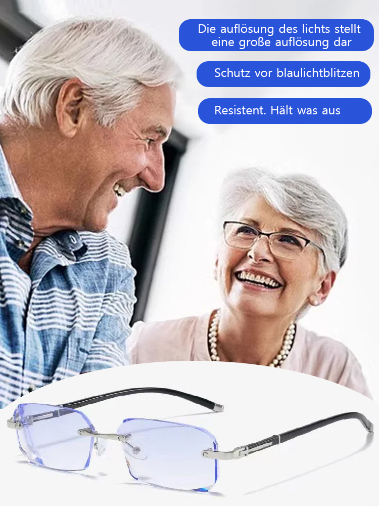 Neue modische, lichtempfindliche, randlose, farbwechselnde Lesebrille ohne Rahmen.
