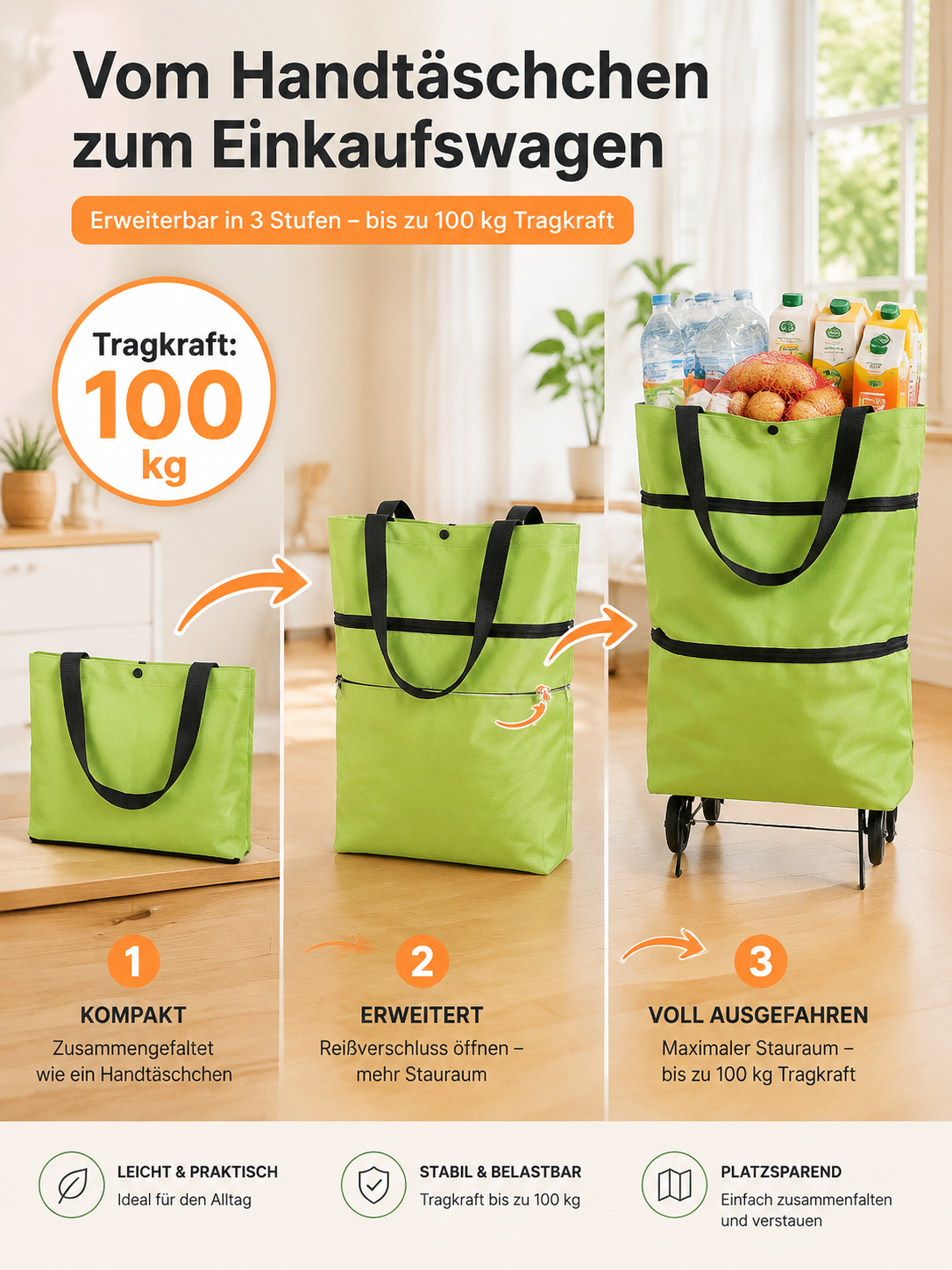 Der neue Bestseller: 2-in-1 Falttasche mit Rollen. 100kg Kapazität, 0% Mühe!