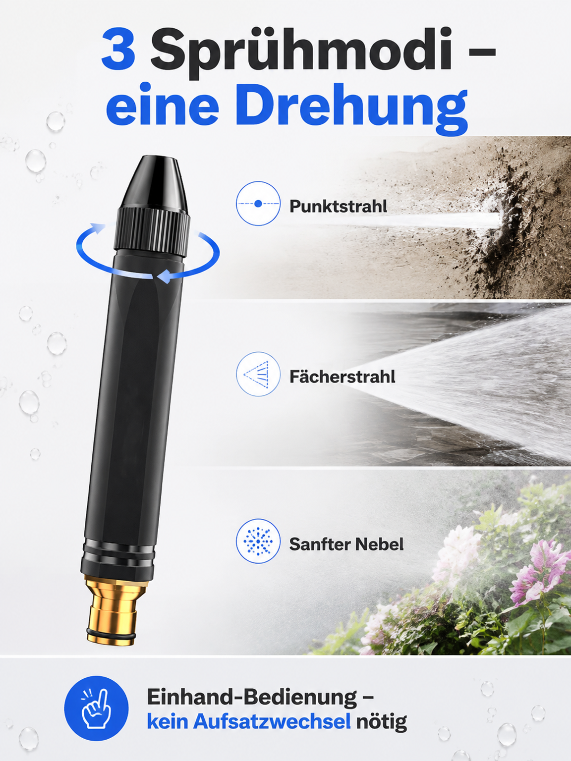 20 facher Wasserdruck ohne Strom. Macht jeden Schlauch zum Hochdruckreiniger.