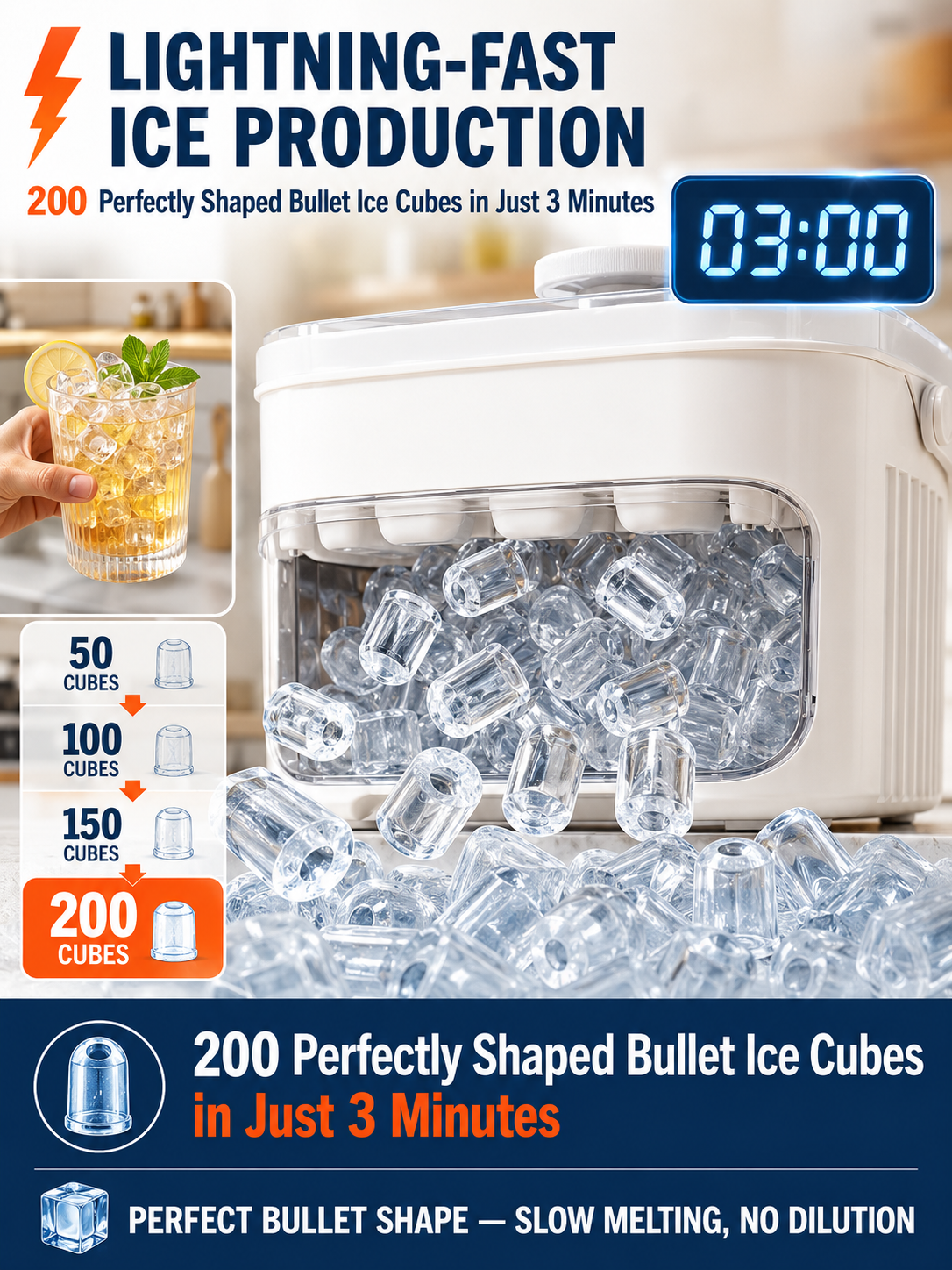 200 Ice Cubes in 3 Min. XXL Capacity: Maximum Insulation & 100% Hygienic