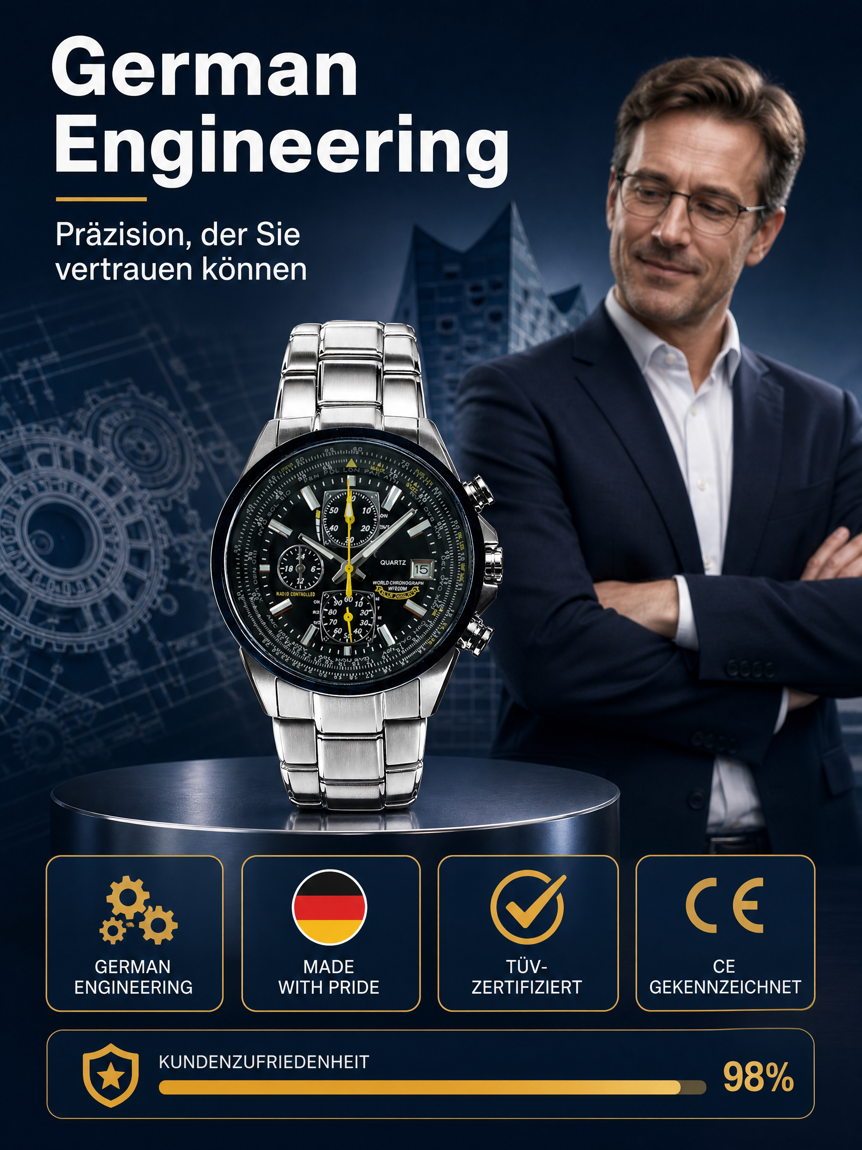 CEO-Look zum Fabrikpreis: Funk-Solaruhr mit Saphirglas & Schweizer Präzision für 48€.