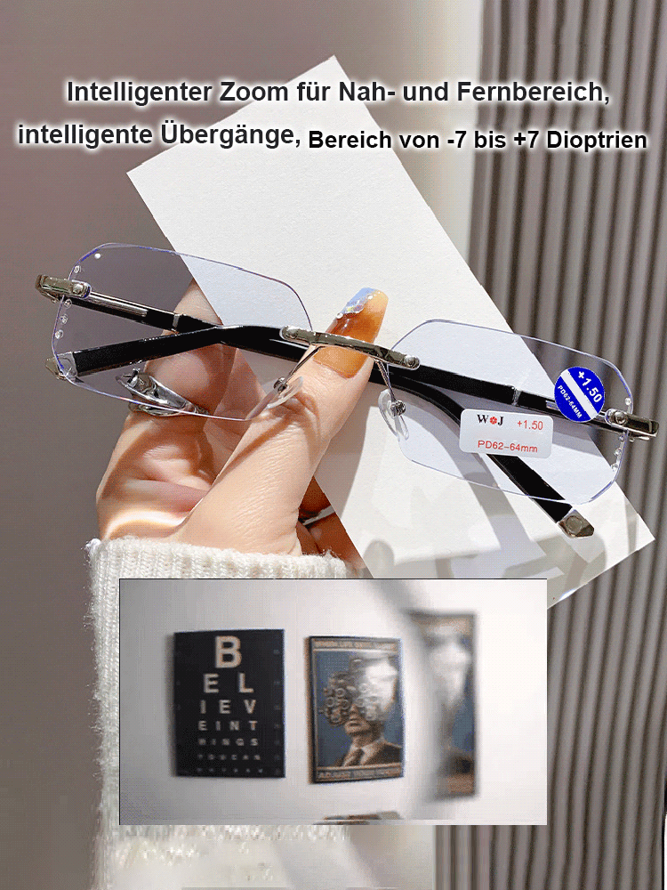 Neue modische, lichtempfindliche, randlose, farbwechselnde Lesebrille ohne Rahmen.