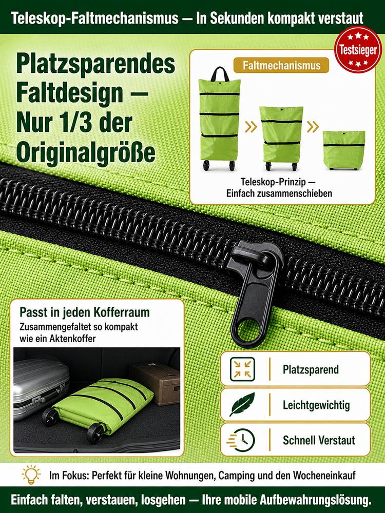 Der neue Bestseller: 2-in-1 Falttasche mit Rollen. 100kg Kapazität, 0% Mühe!