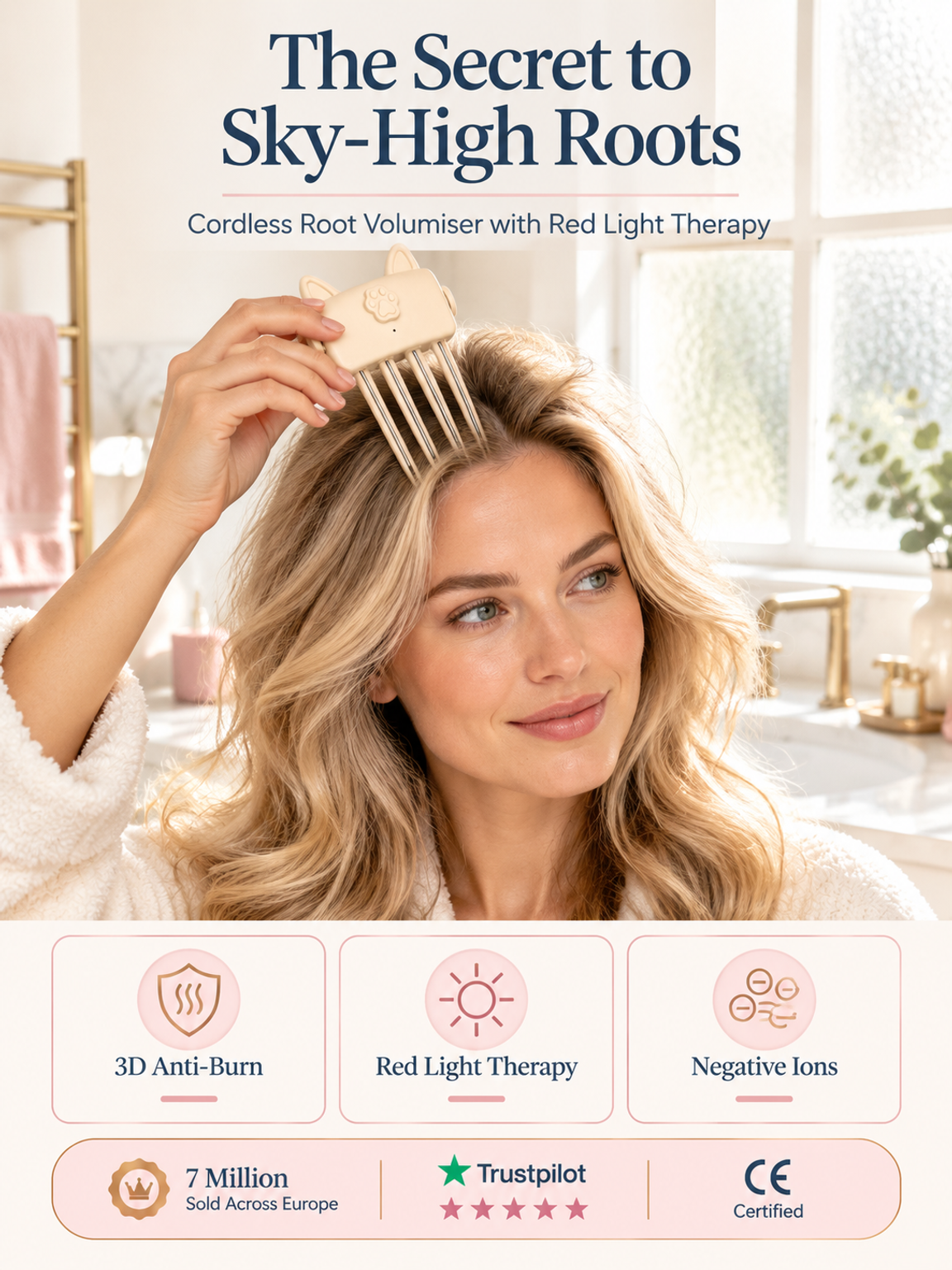 Banish flat hair! Cordless root booster with red light for XXL volume.