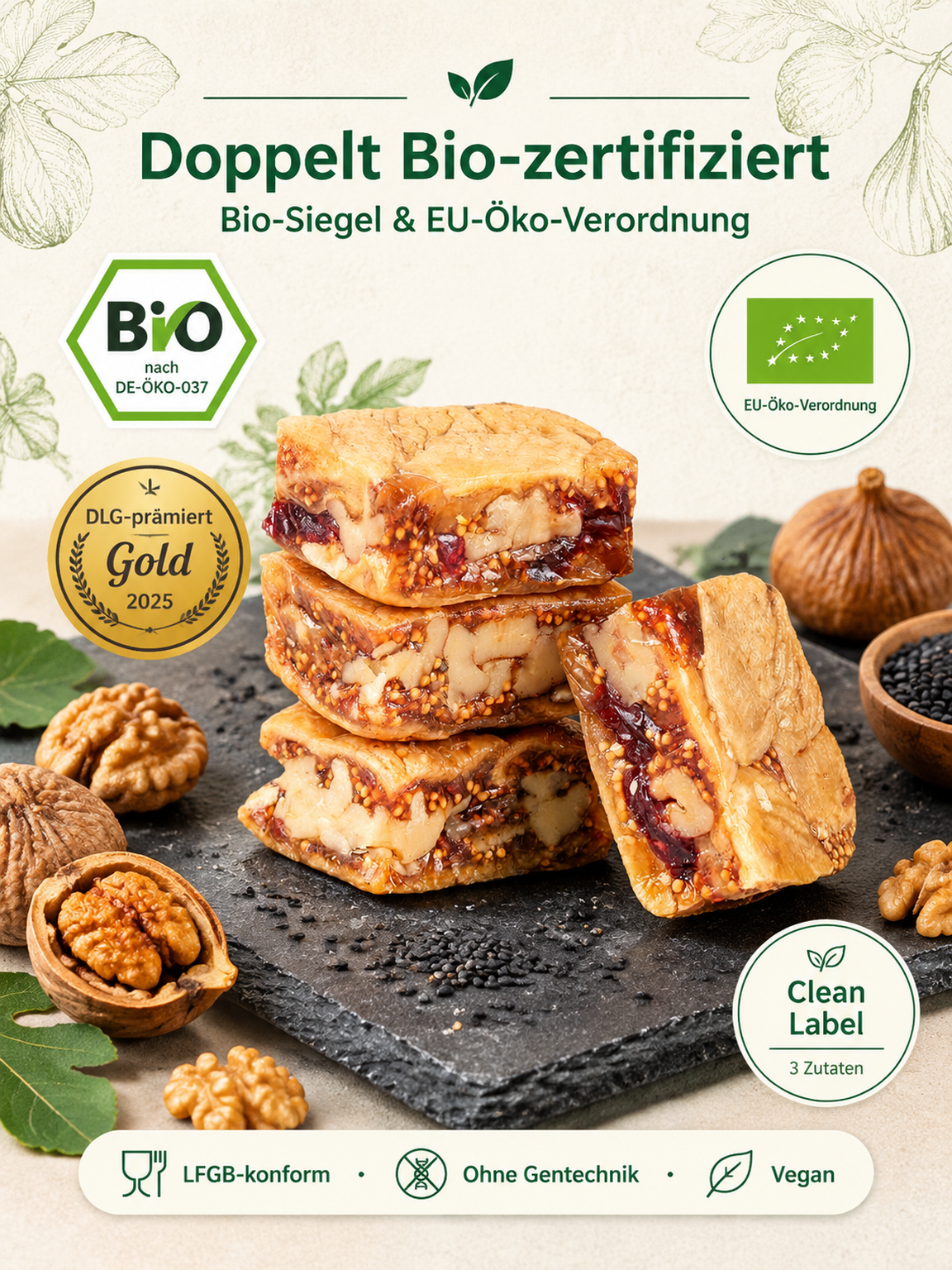 1+1 Gratis: Bio Feigen-Walnuss-Sesam Konfekt | Ohne Zuckerzusatz, zart & ballaststoffreich