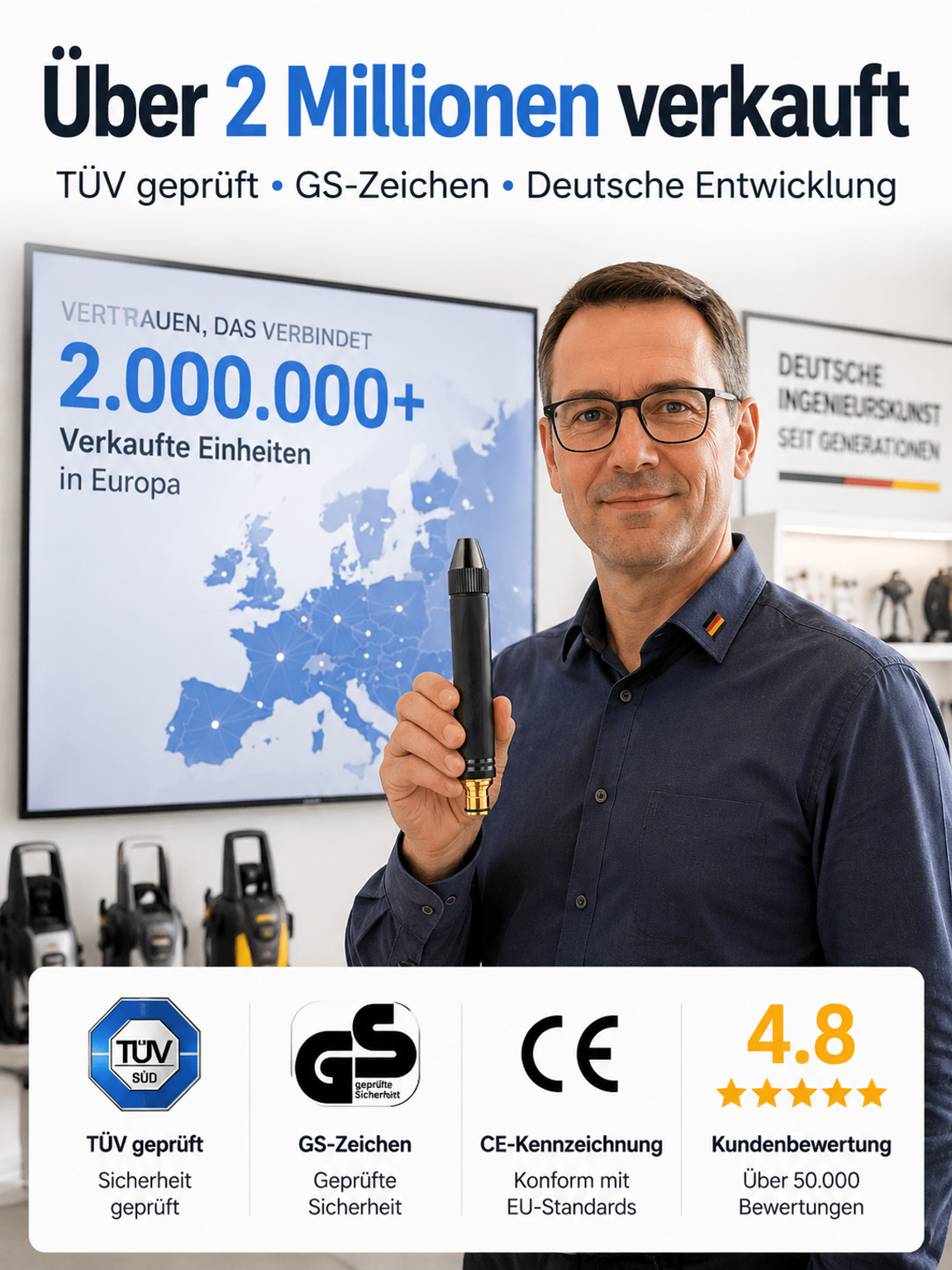 20 facher Wasserdruck ohne Strom. Macht jeden Schlauch zum Hochdruckreiniger.