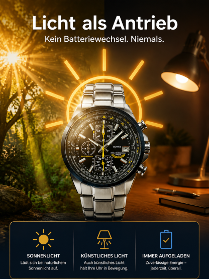 CEO-Look zum Fabrikpreis: Funk-Solaruhr mit Saphirglas & Schweizer Präzision für 48€.