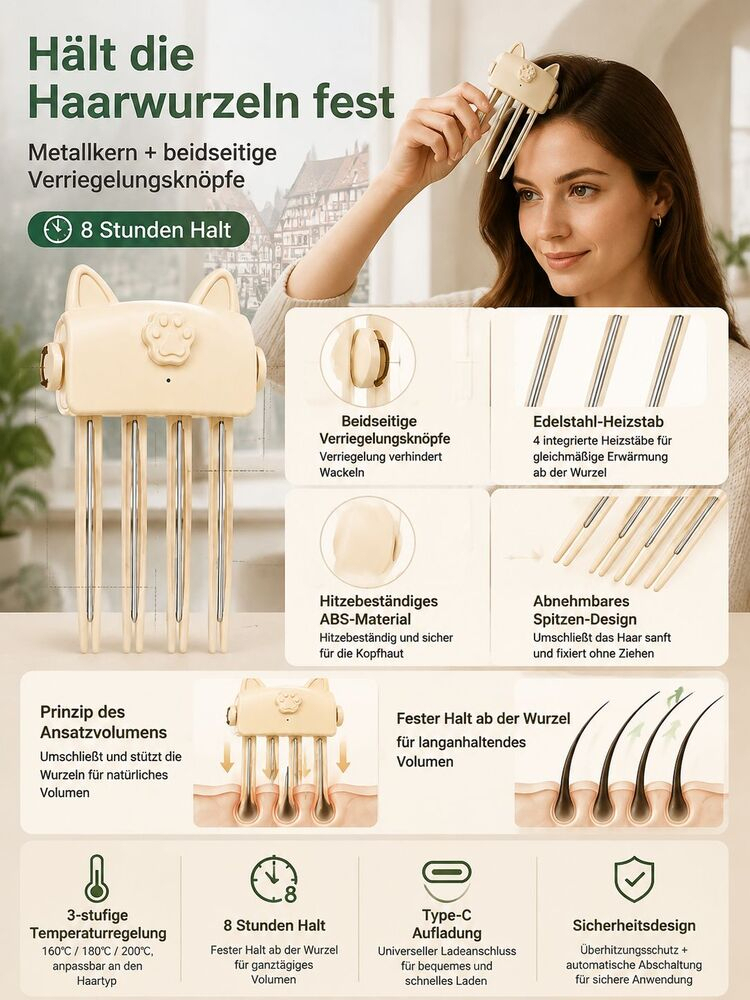 Schluss mit plattem Haar! Kabelloser Ansatz-Booster mit Rotlicht für XXL-Volumen.