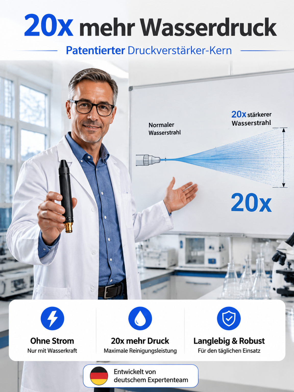 20 facher Wasserdruck ohne Strom. Macht jeden Schlauch zum Hochdruckreiniger.