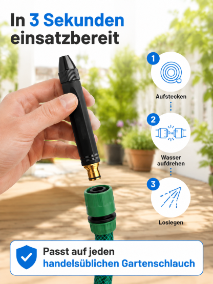 20 facher Wasserdruck ohne Strom. Macht jeden Schlauch zum Hochdruckreiniger.