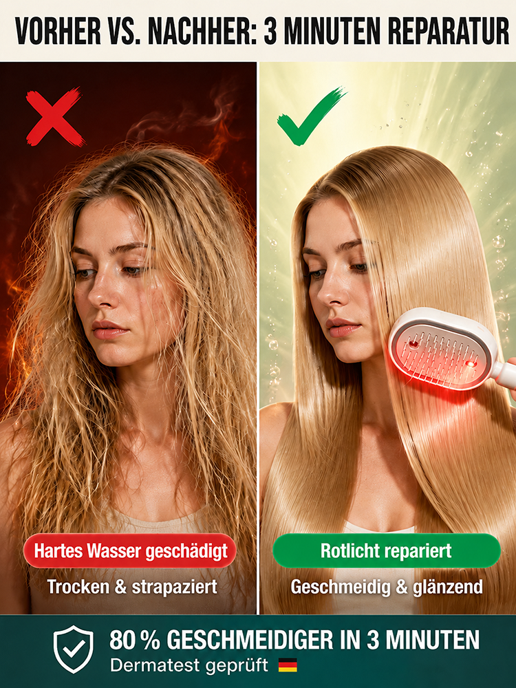Von strohig zu seidig in 3 Minuten. Rotlicht-Öl-Kamm repariert Haare und fördert das Wachstum.