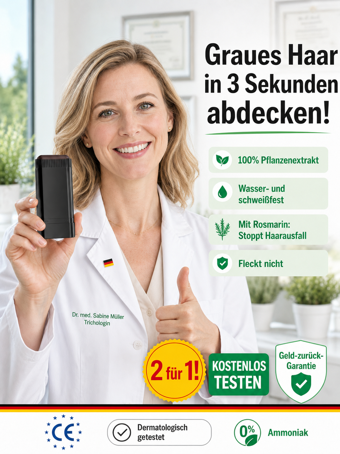 Grauabdeckung in 3s & stoppt Ausfall. 100% pflanzlich & wasserfest. Heute 1+1 Gratis