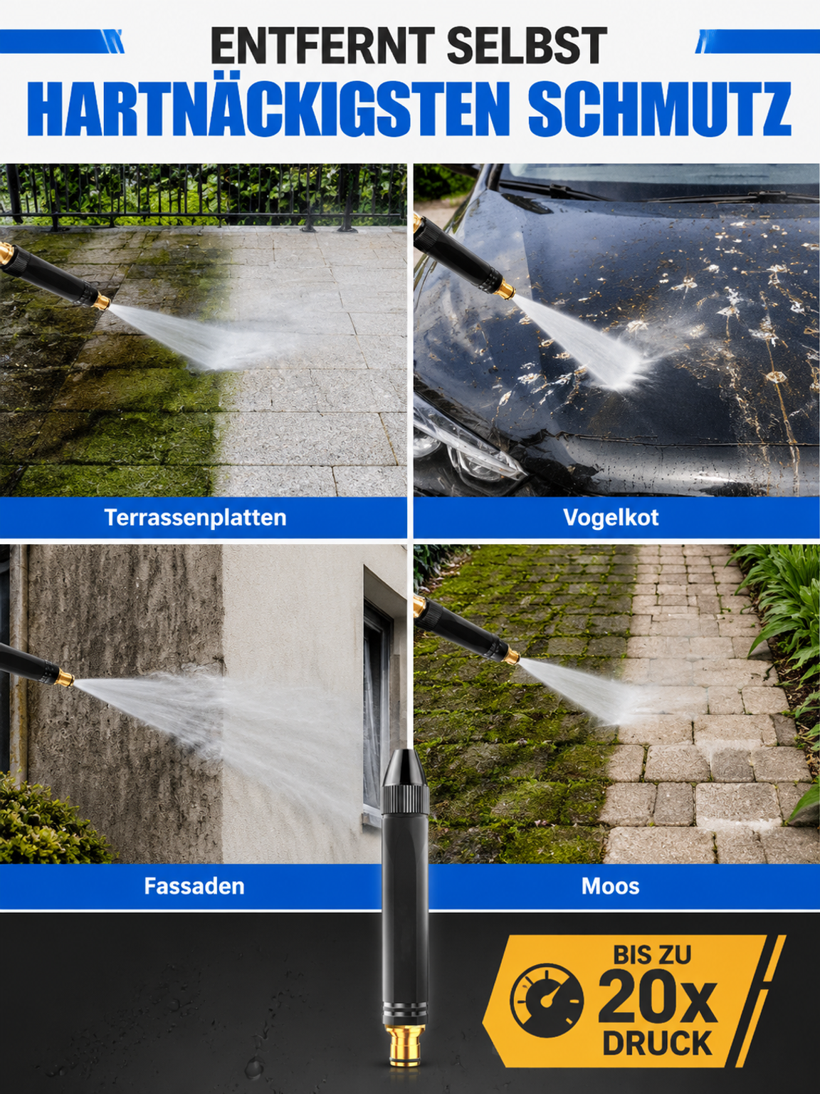 20 facher Wasserdruck ohne Strom. Macht jeden Schlauch zum Hochdruckreiniger.