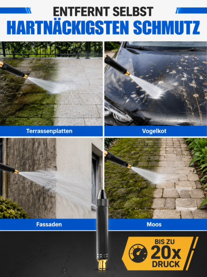 20 facher Wasserdruck ohne Strom. Macht jeden Schlauch zum Hochdruckreiniger.