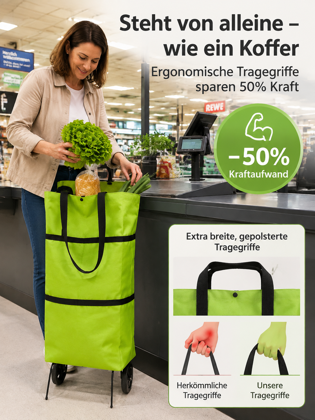 Der neue Bestseller: 2-in-1 Falttasche mit Rollen. 100kg Kapazität, 0% Mühe!
