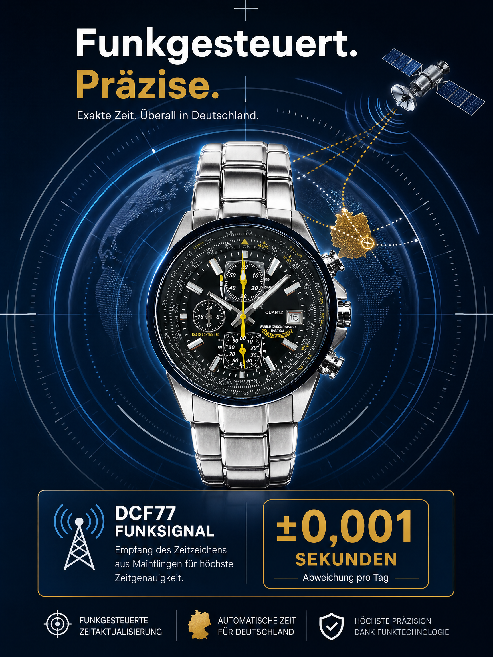 CEO-Look zum Fabrikpreis: Funk-Solaruhr mit Saphirglas & Schweizer Präzision für 48€.