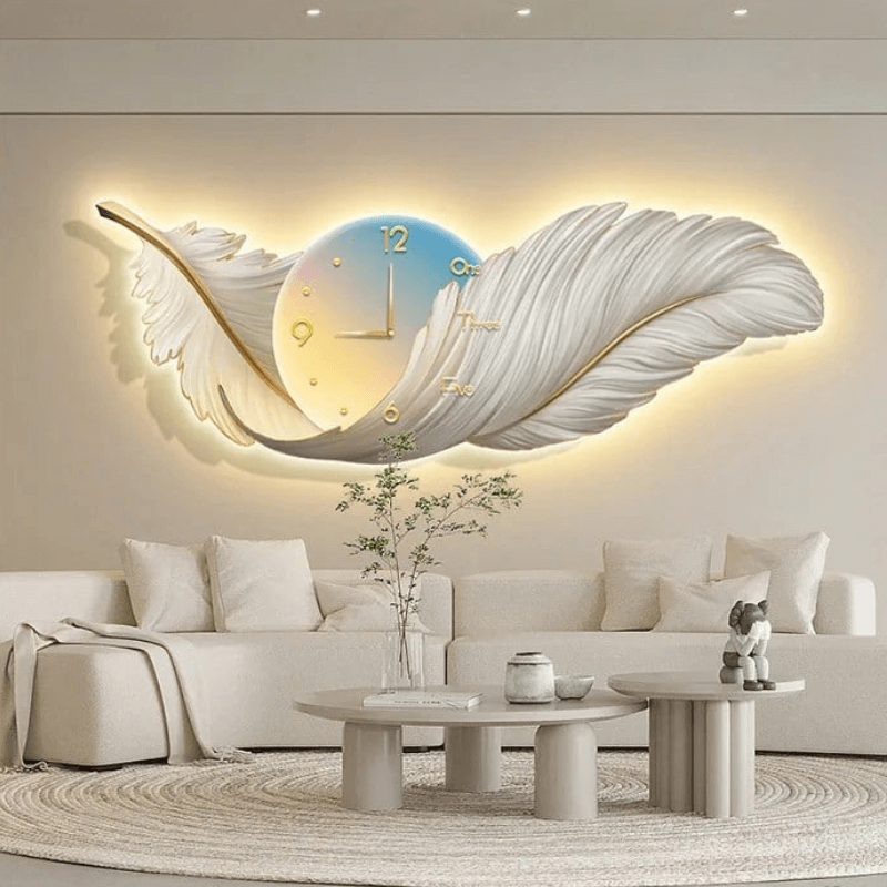 2-In-1 Graceful 3D Feather Wall Lamp Decor with Clock & Remote Set, 4 Size